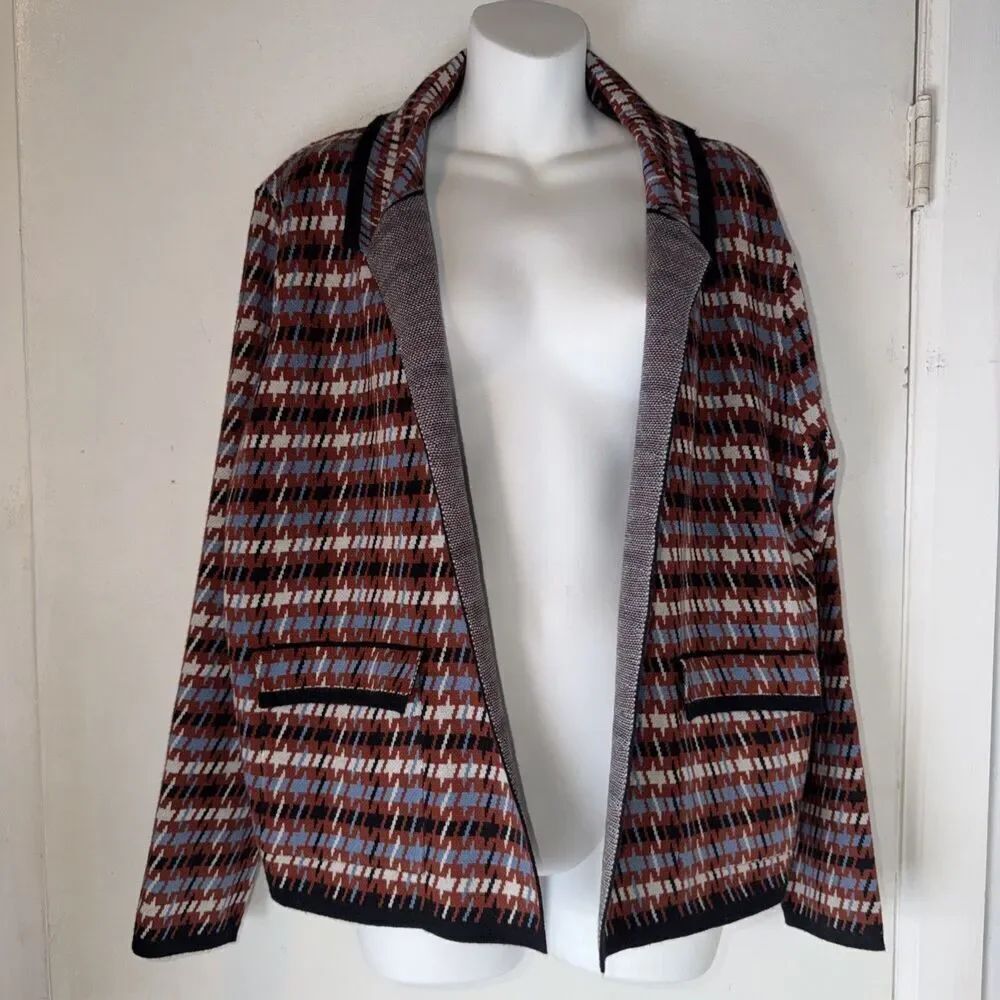 TAHARI Multicolor Houndstooth Open Front Cardigan Sweater-XL